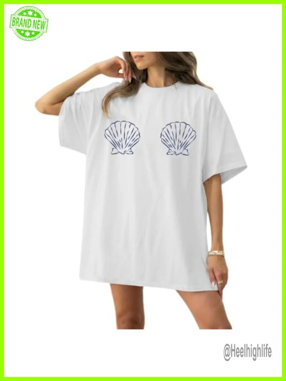 Oversized Seashell Graphic T-Shirt Cotton Blend Crewneck Tropical Summer Top